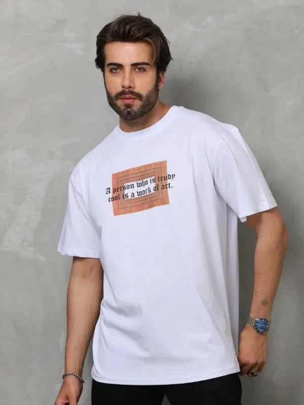 Λευκό Ανδρικό Regular Ποδήλατο Λαιμό Τυπωμένο T-shirt 7