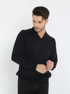 Muški crni V-izrez dugi rukav ravni pleteni džemper
