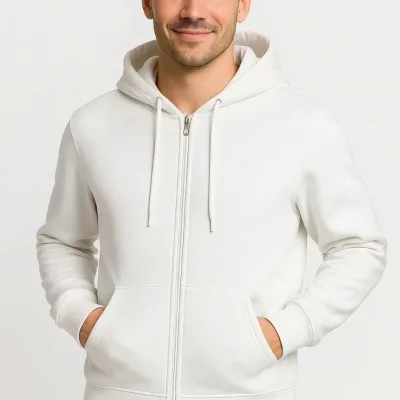 Muška bijela 3 niti pamučna puni patentni zatvarač kapuljača džep sweatshirt 6