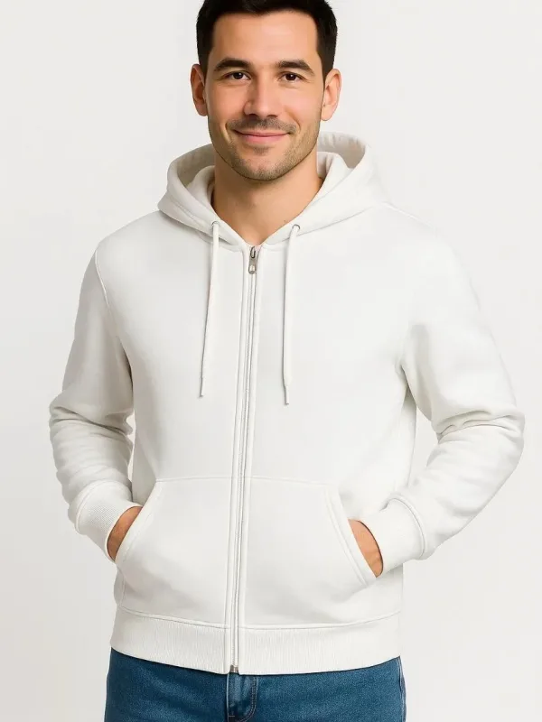 Muška bijela 3 niti pamučna puni patentni zatvarač kapuljača džep sweatshirt 6