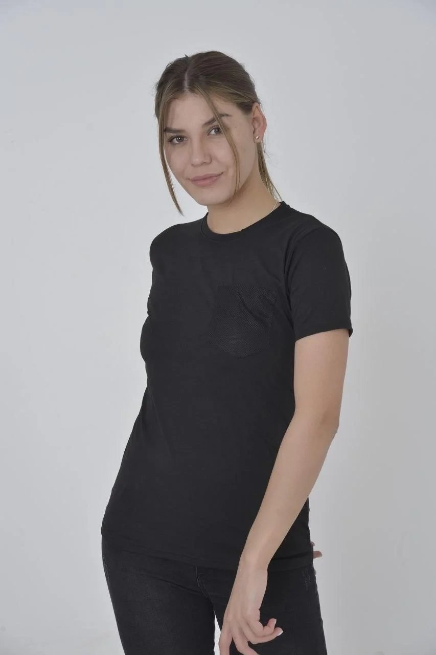 Γυναικείο Μαύρο Στενό T-shirt με Στρογγυλή Λαιμόκοψη και Δικτυωτή Τσέπη 2