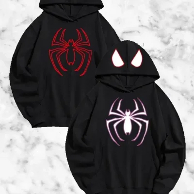 Damski Czarny Nadruk Pająk Kaptur Oversize Sweatshirt 1
