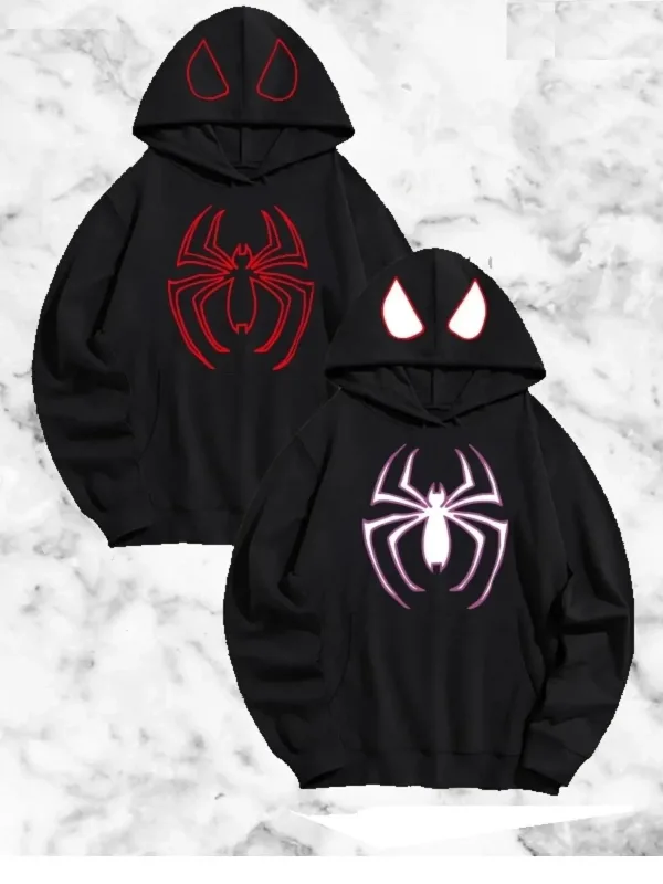Damski Czarny Nadruk Pająk Kaptur Oversize Sweatshirt 1