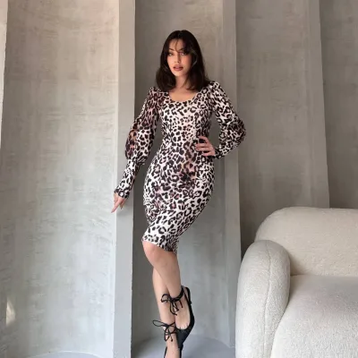 Leopard Pattern Midi Length Dress White 3