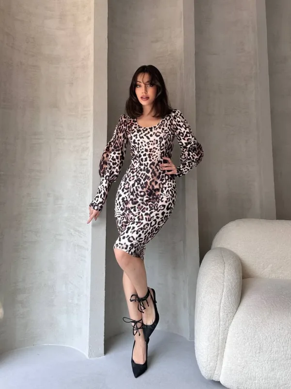 Leopard Pattern Midi Length Dress White 3