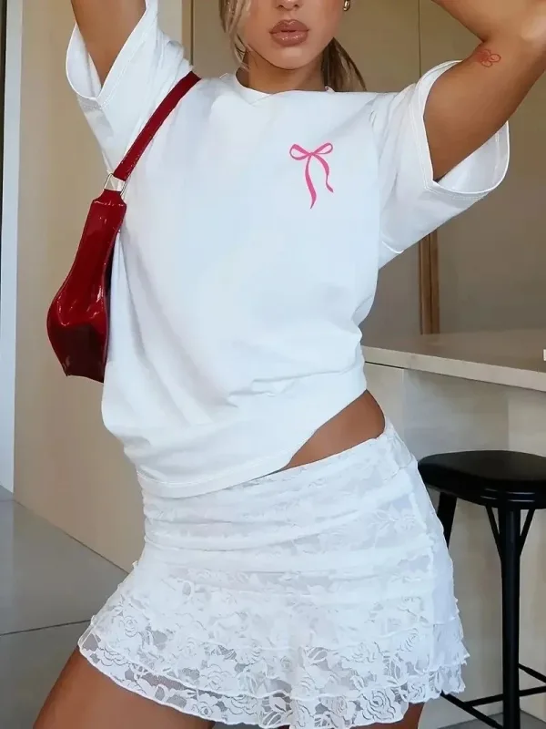 Ženska bela oversized biciklistička kragna sa printom mašne majica 5