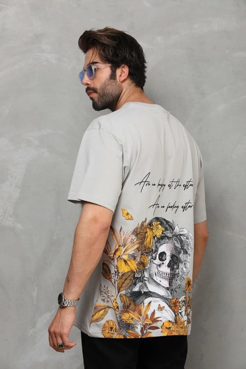 Γκρι Ανδρικό Oversize Ποδήλατο Λαιμό Τυπωμένο T-shirt 5