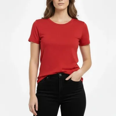 Damski czerwony slim fit T-shirt z dekoltem w serek, elastyczny 3