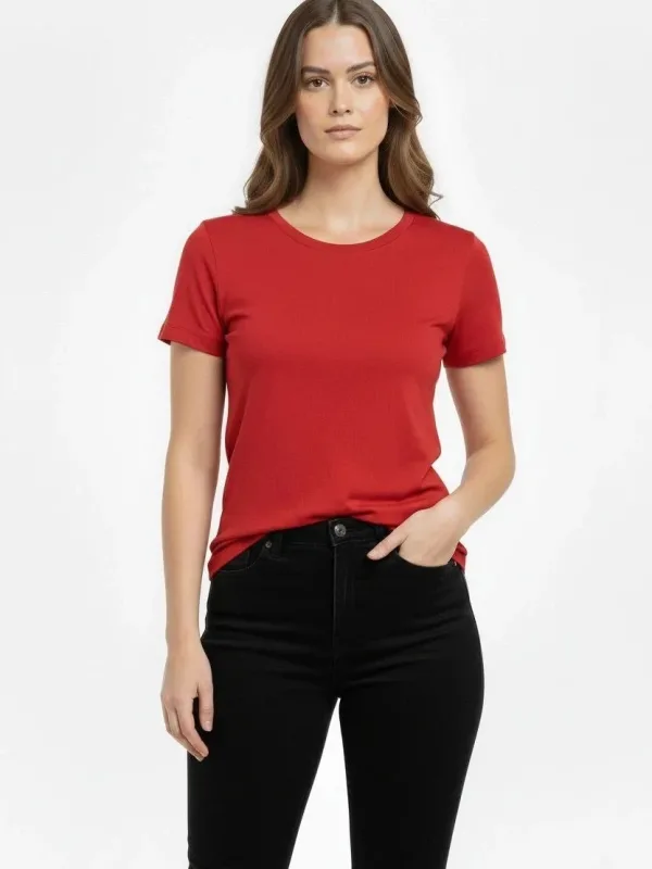 Damski czerwony slim fit T-shirt z dekoltem w serek, elastyczny 3