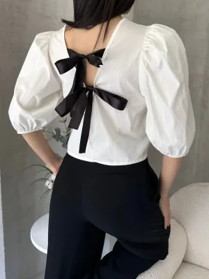 Melon Sleeve Back Bow Detail Poplin Blouse White