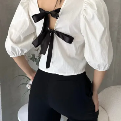 Melon Sleeve Back Bow Detail Poplin Blouse White 1