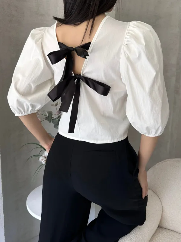 Lubenica rukav leđa s mašnom detalj poplin bluza bijela
