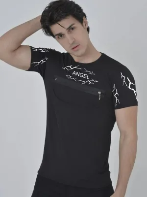 Pánske čierne slim fit hrudný zips bicykel golier potlačené tričko