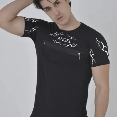 Pánske čierne slim fit hrudný zips bicykel golier potlačené tričko 1