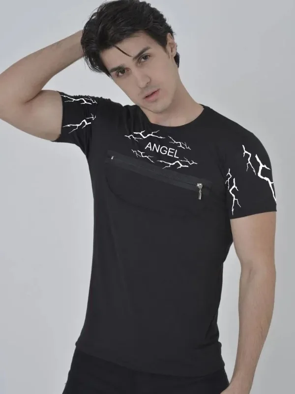 Pánske čierne slim fit hrudný zips bicykel golier potlačené tričko 1