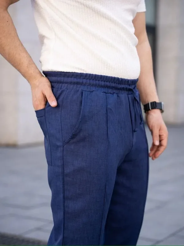 Muške tamnoplave udobne lanene jogger pantalone sa džepovima i šavovima 3