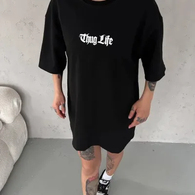 Γυναικείο Μαύρο Oversize Ποδηλατόλαιμο Τυπωμένο Μπλουζάκι 1