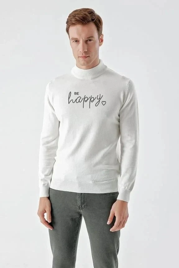 Men's White Half High Printed Knit Sweater