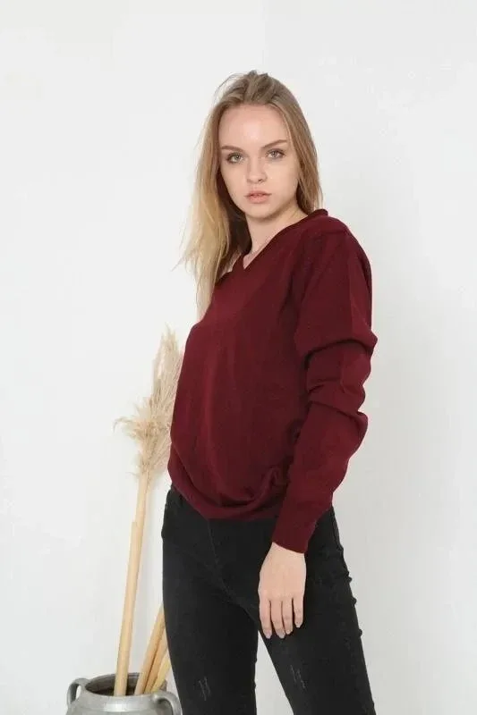 Women's Burgundy V-Neck Long Sleeve Plain Knit Sweater 3