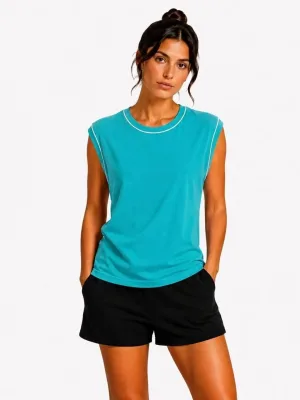 Γυναικείο Τιρκουάζ Βασικό Αμάνικο Tank Top με Στρογγυλή Λαιμόκοψη και Αντίθετες Ραφές