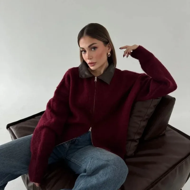 Women's Burgundy Leather Collar Double-Sided Zippered Cotton Jacket