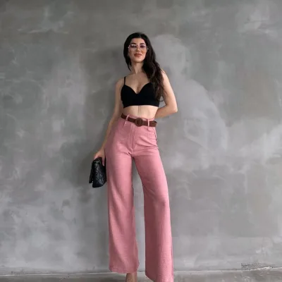 Belted Linen Pants Powder 3