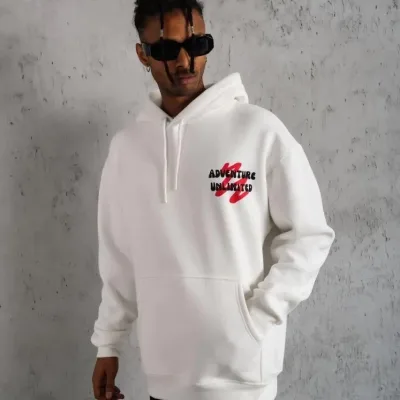 Muški bijeli oversize 3-niti pamučni s kapuljačom tiskani sweatshirt 2