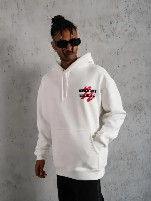 Muški bijeli oversize 3-niti pamučni s kapuljačom tiskani sweatshirt 2