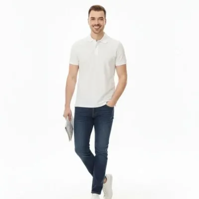 Men's White Regular Pique Fabric Button Polo Neck T-Shirt 4