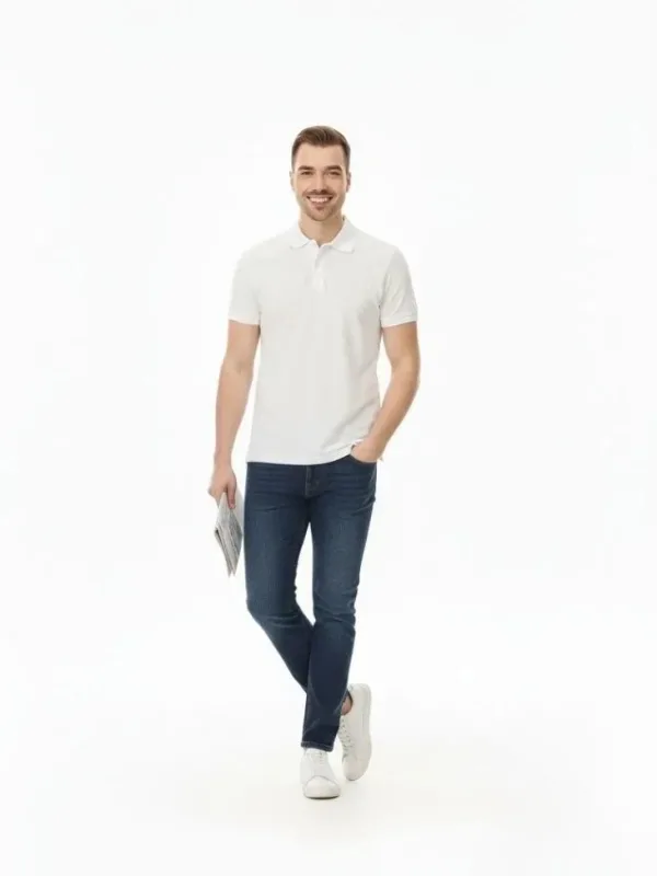 Men's White Regular Pique Fabric Button Polo Neck T-Shirt 4