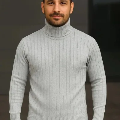 Men's Grey Thick Ribbed Full Turtleneck Knit Sweater 2