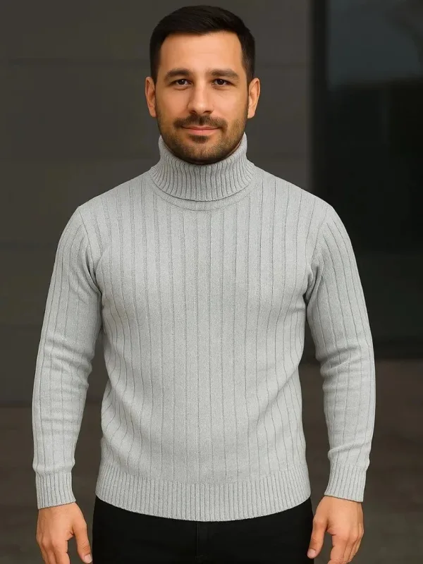 Men's Grey Thick Ribbed Full Turtleneck Knit Sweater 2