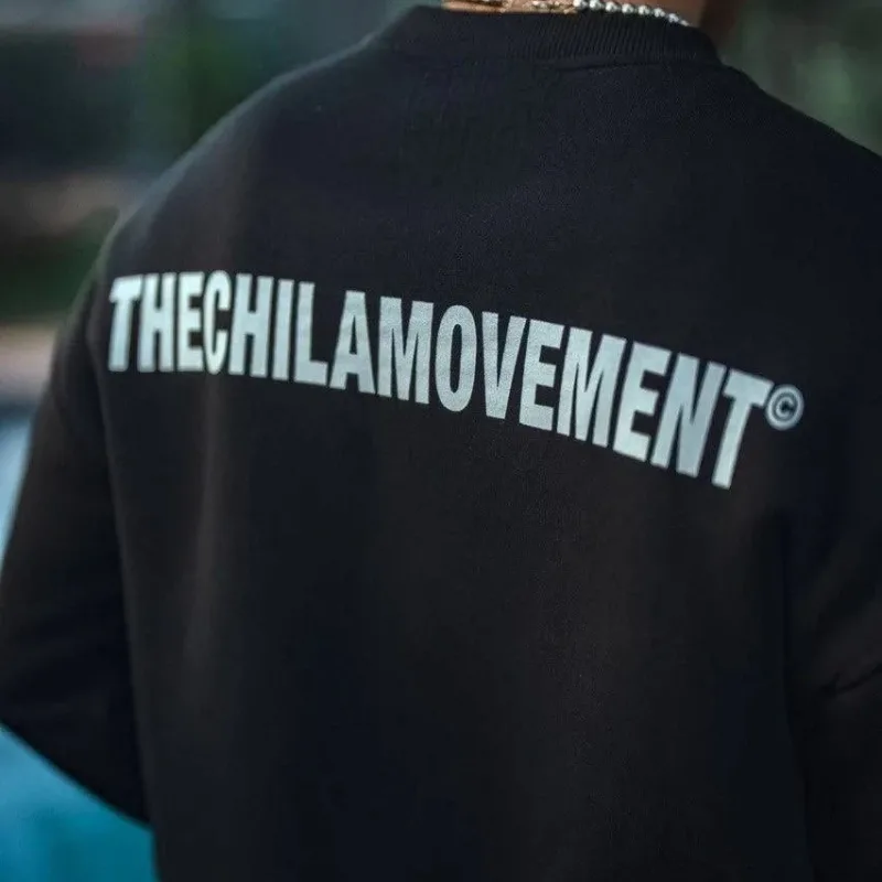 Sweatshirtê Mêran ê Reş ê Oversize ê Bi Stûyê Bisîkletê, 3 Têlên Pembo, Çapkirî