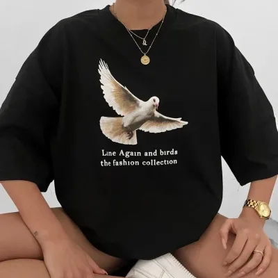 Women's Black Crew Neck Pigeon Printed Oversize T-Shirt 1