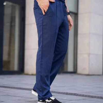 Muške tamnoplave udobne lanene jogger pantalone sa džepovima i šavovima 5