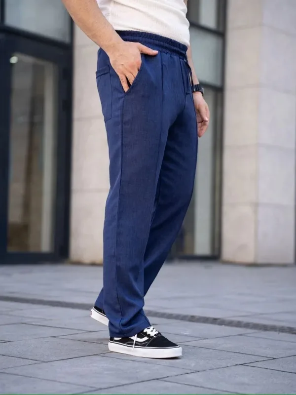 Muške tamnoplave udobne lanene jogger pantalone sa džepovima i šavovima 5