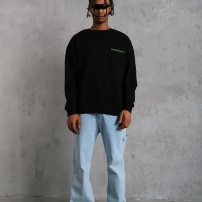 Men's Black Oversize Crew Neck 3-Thread Cotton Printed Sweatshirt 3