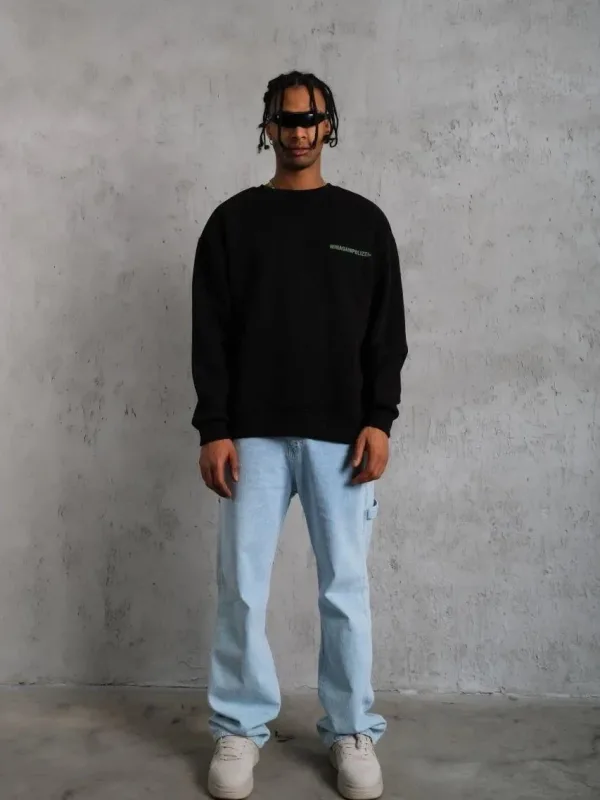 Men's Black Oversize Crew Neck 3-Thread Cotton Printed Sweatshirt 3