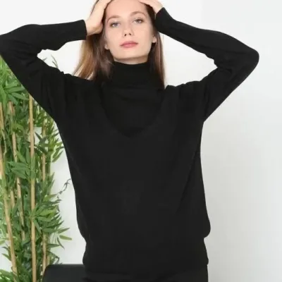 Women's Black Full Turtleneck Long Sleeve Plain Knit Sweater 7