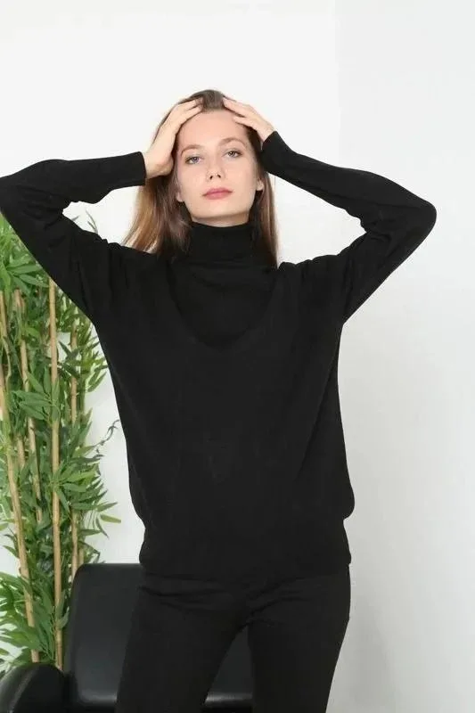 Women's Black Full Turtleneck Long Sleeve Plain Knit Sweater 7