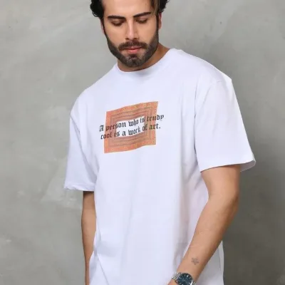 Λευκό Ανδρικό Regular Ποδήλατο Λαιμό Τυπωμένο T-shirt 2