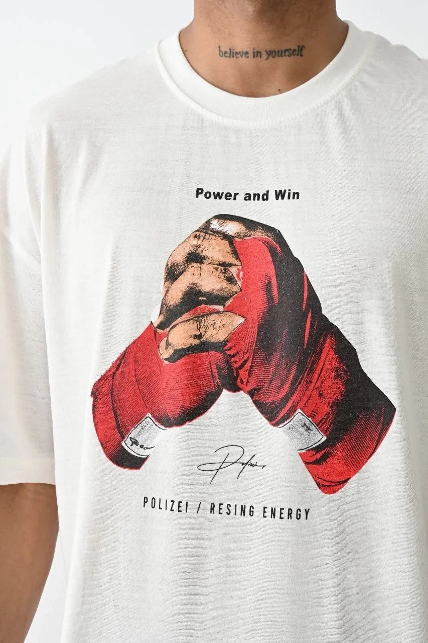 Ανδρικό Λευκό Oversize Ποδηλατόλαιμο Τυπωμένο Box Eldiven T-shirt