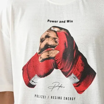 Męska biała oversize koszulka z nadrukiem box gloves, kołnierzyk rowerowy 1