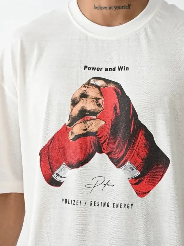 Męska biała oversize koszulka z nadrukiem box gloves, kołnierzyk rowerowy 1