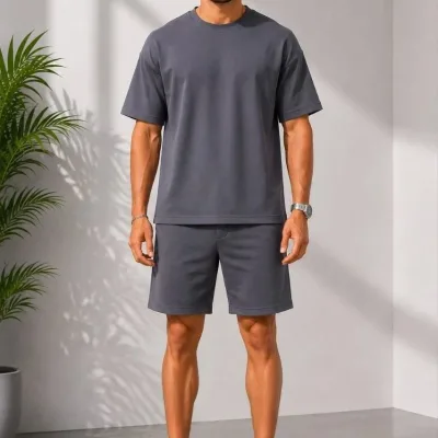 Muški dimljeni oversize set s džepovima mekani modal majica kratke hlače 4
