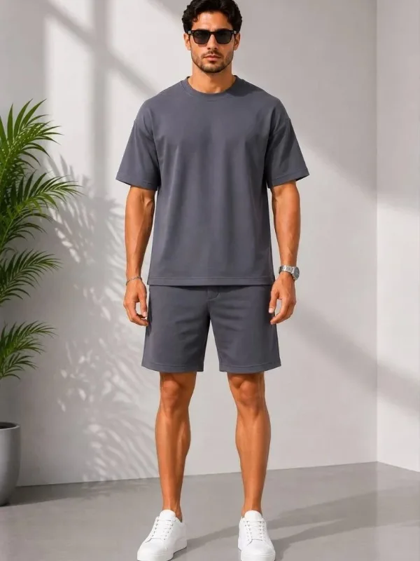 Muški dimljeni oversize set s džepovima mekani modal majica kratke hlače 4