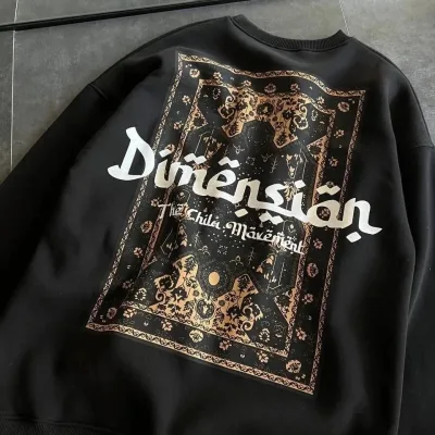 Damski Czarny Oversize 3-nitkowy Bawełniany Bluza z Okrągłym Dekoltem z Nadrukiem 1