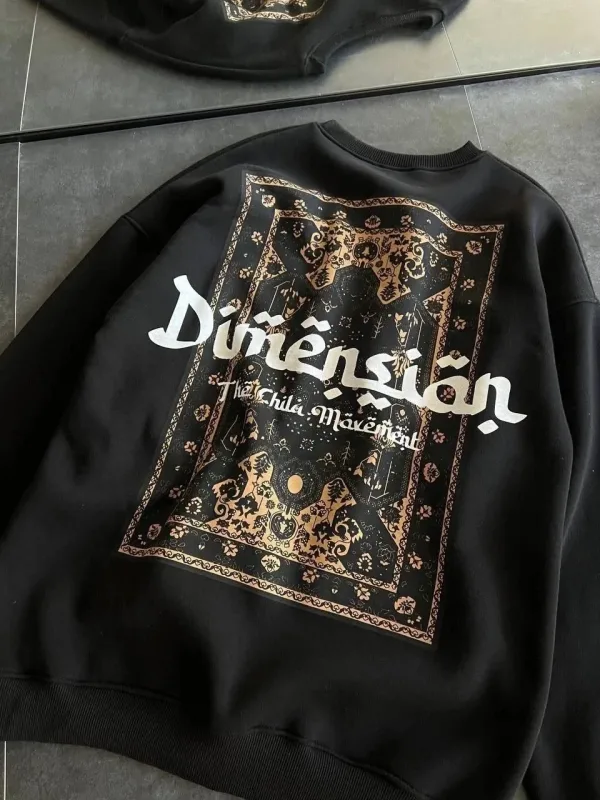 Damski Czarny Oversize 3-nitkowy Bawełniany Bluza z Okrągłym Dekoltem z Nadrukiem 1
