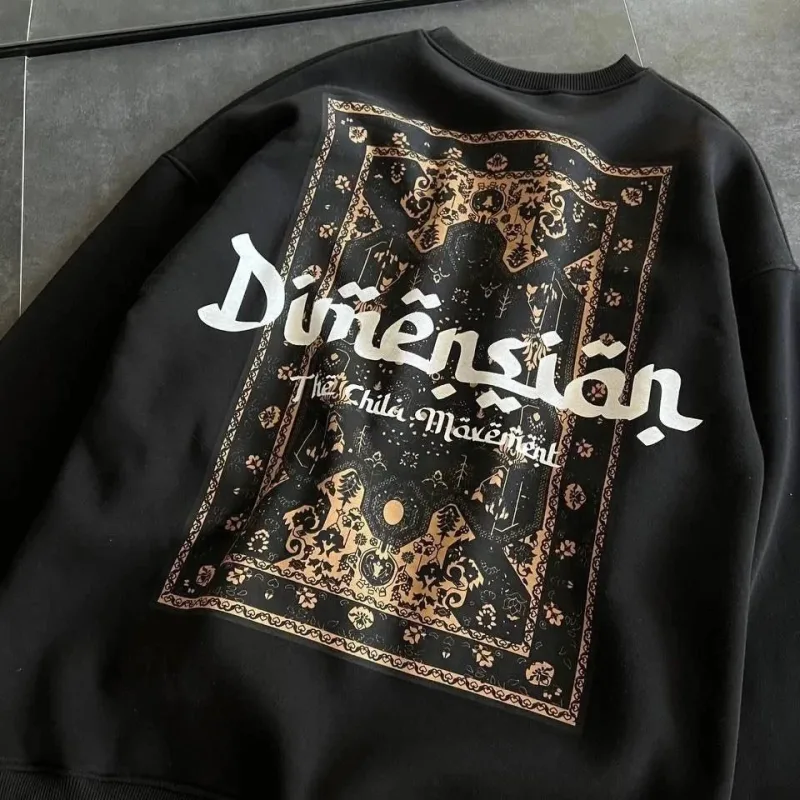 Damski Czarny Oversize 3-nitkowy Bawełniany Bluza z Okrągłym Dekoltem z Nadrukiem