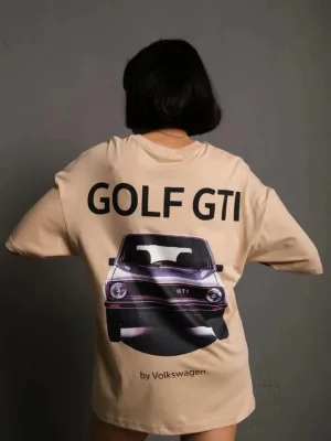 Kadın Bej Oversize Retro Araba Baskılı Tişört